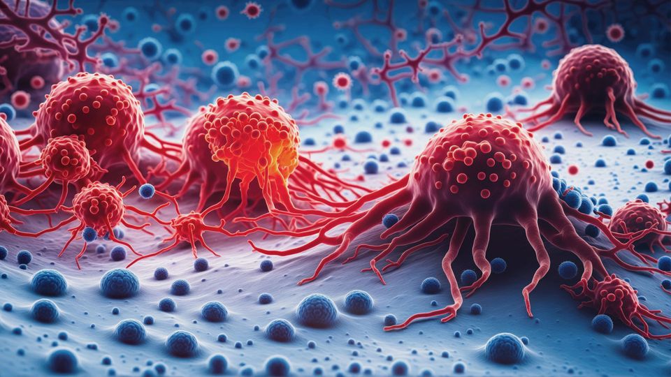 A cluster of cancer cells, which a new approach could convert into healthy cells.