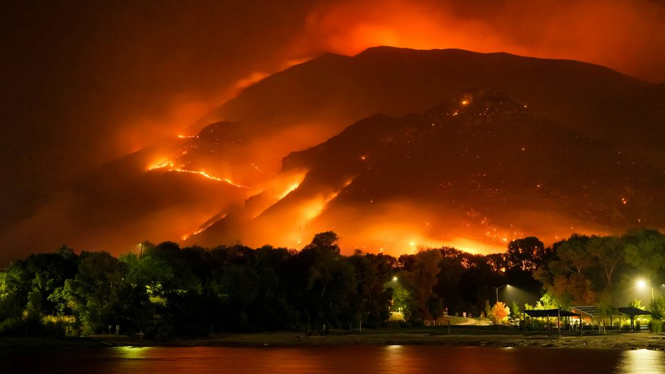 Hills on fire at night. Treeline, unaffected, in the foreground.