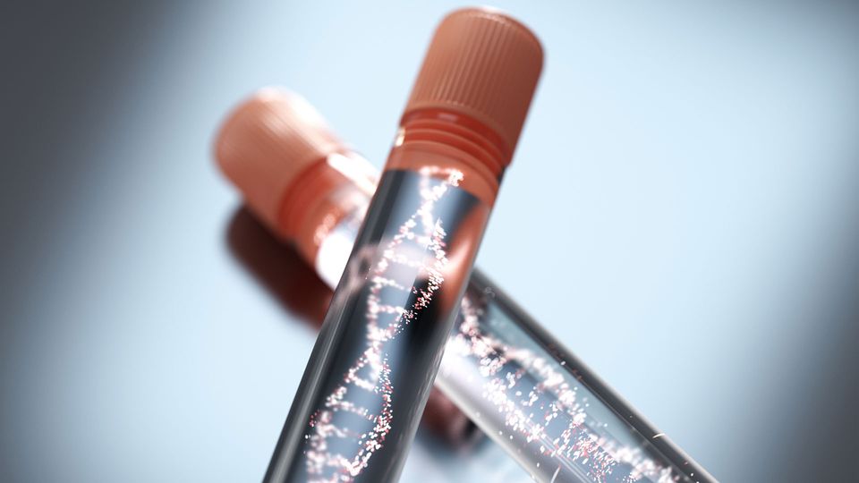 Test tube with glowing DNA helix encased inside.
