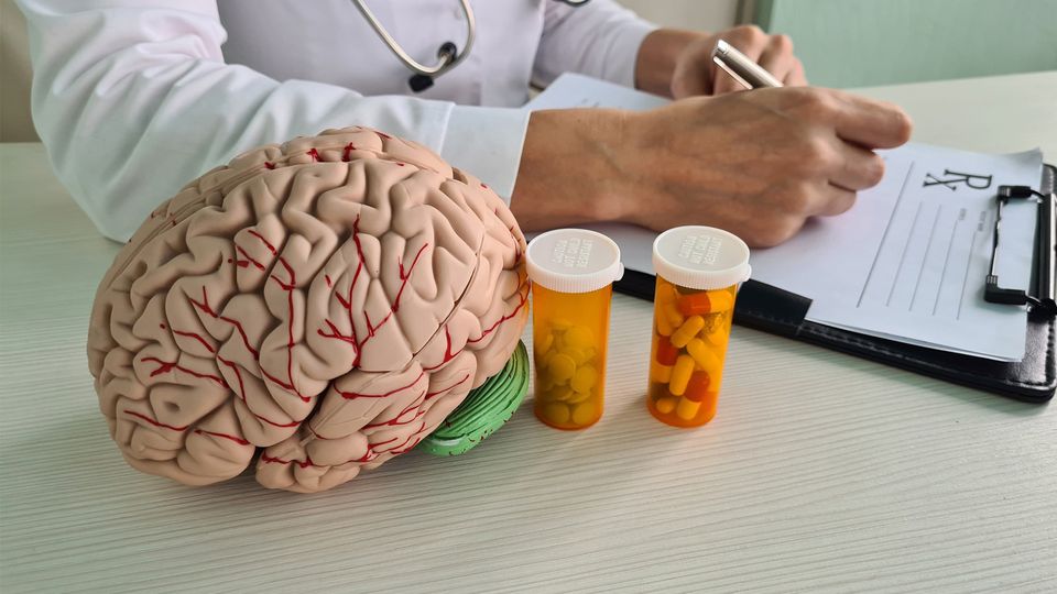 A doctor prescribing medication with a model of a human brain and some pill pots on the desk next to them.