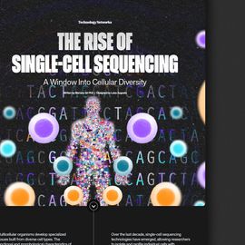 Illustrated cover and infographic explaining single-cell sequencing workflow and cellular diversity. 