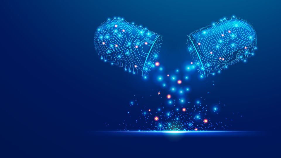 A blue drug pill split in half composed of circuit boards, representing AI-driven drug discovery