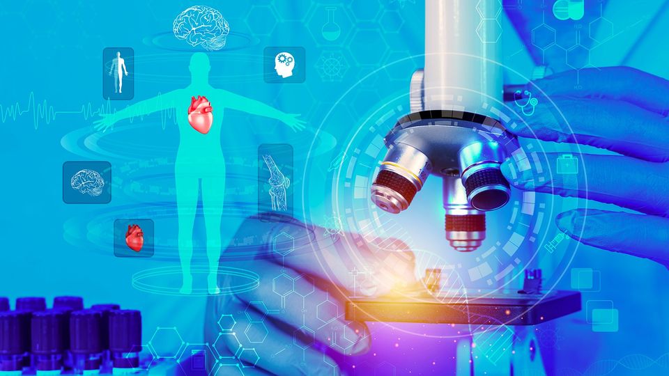 Microscope with gloved hand and digital human overlay showing HTS cytometry in drug discovery.