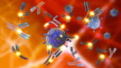 Illustration of antibodies binding to antigens with glowing interaction sites, representing advanced antibody screening with smart data.