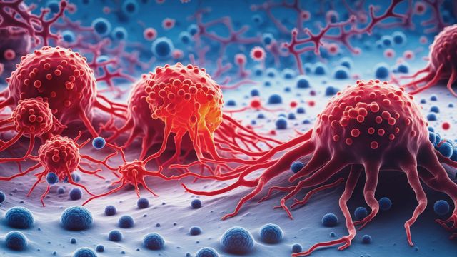 Illustration of cancerous cells infiltrating a healthy cellular environment. 