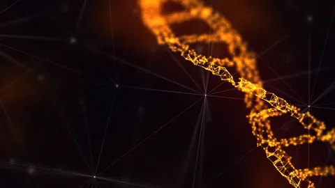 Abstract glowing orange DNA double helix with connected nodes on a dark network background