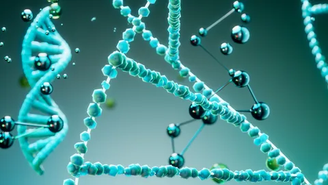 3D rendering of DNA strands and molecular structures in turquoise tones representing genetic research