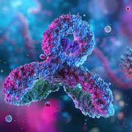 3D illustration of antibody and virus particles highlighting glycan structures for glycan analysis. 