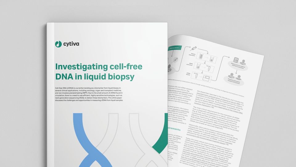 Cover of a Cytiva whitepaper titled "Investigating cell-free DNA in liquid biopsy," discussing cfDNA applications in clinical diagnostics.