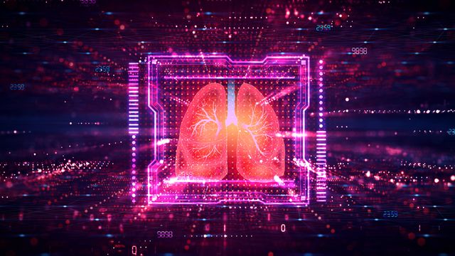 A pair of lungs floating in a data-like space, outlined by an 8-bit pink box