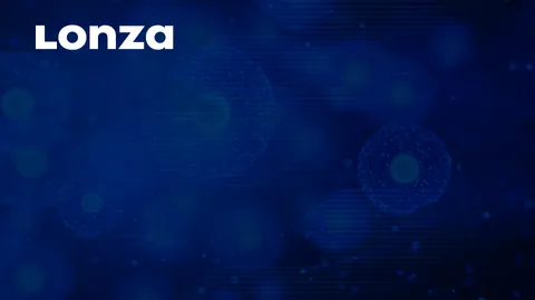 Lonza logo on a blue abstract background with digital cell imagery, representing cell-based screening
