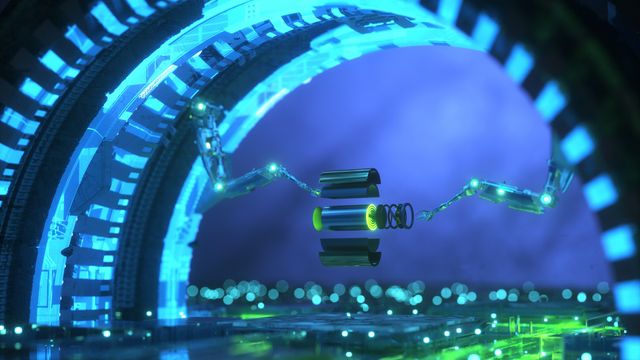 A battery floating a futuristic-looking neon chamber, as robotic hands begin to disassemble its parts.