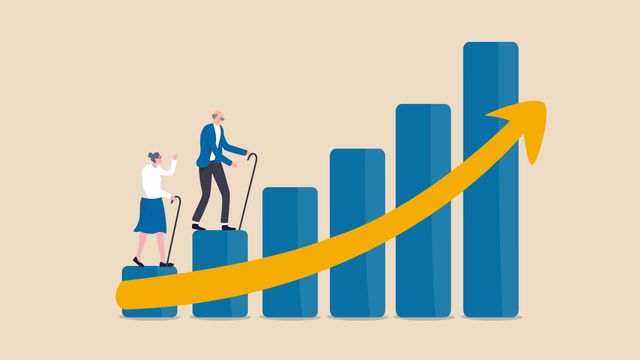 Illustration of elderly people climbing bar graph steps with an upward aging trend arrow. 