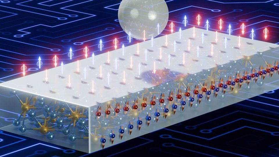 An artist's illustration of a spintronic material, appearing as a large rectangular metallic block with blue and red arrows floating over its surface.