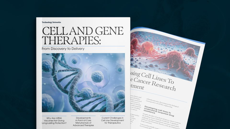 ebook cover showing DNA strands and cells, highlighting advances in cell and gene therapies. Text reads: Cell and Gene Therapies: From Discovery to Delivery