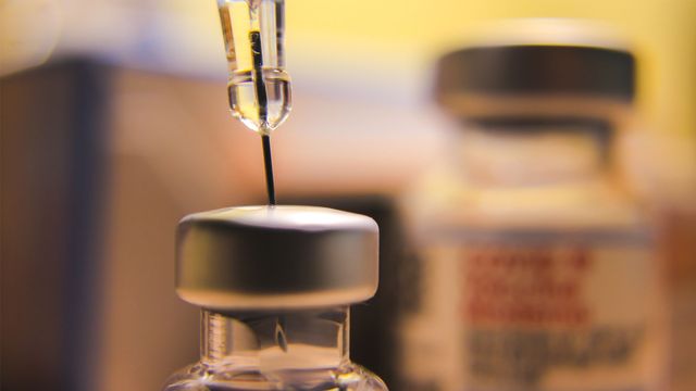 Needle and syringe in a vaccine vial.