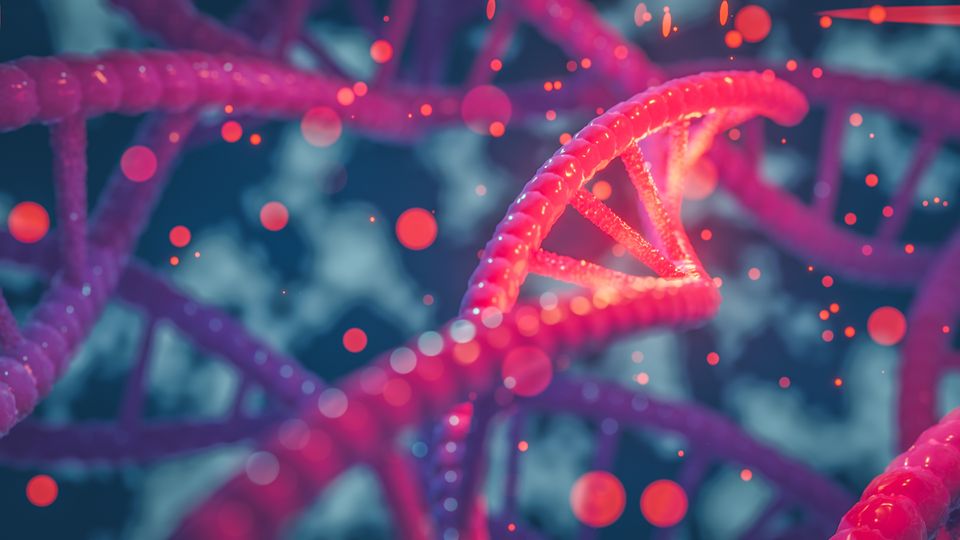 Close-up 3D illustration of a glowing DNA double helix strand with molecular particles.