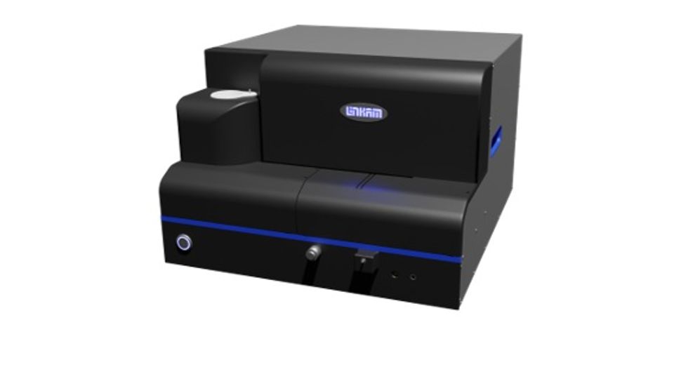 Cryo-microscopy instrument with black casing and blue LED accents used for biological imaging.