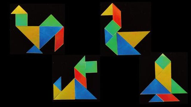 Tangram puzzles pieces made from a new type of edible cellulose-based plastic. 