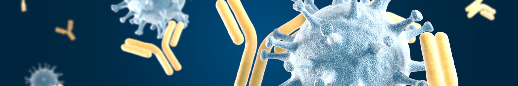 Monoclonal antibodies targeting virus particles in a 3D scientific illustration on blue background.