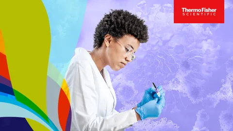 Scientist in lab coat examining PCR test sample against a molecular biology background.