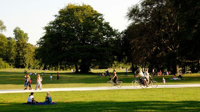 People walking and cycling through a green public park.