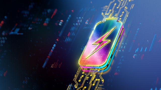 The outline of a battery charging, lit up in yellow and pink against a blue data-like background.