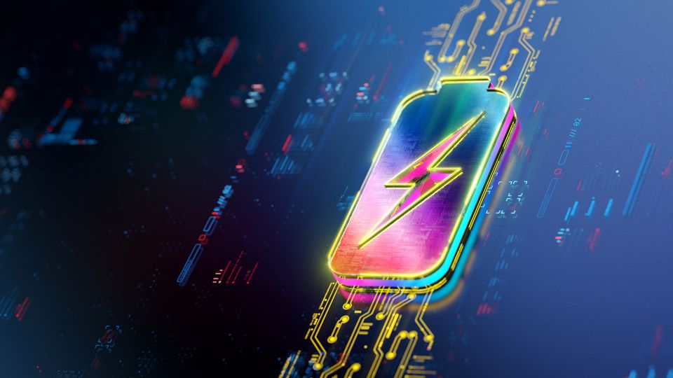 The outline of a battery charging, lit up in yellow and pink against a blue data-like background.