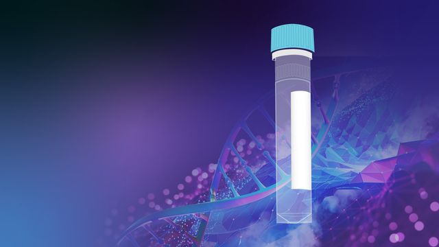 Sample collection tube with blue cap over a stylized DNA helix and futuristic purple-blue biotech background