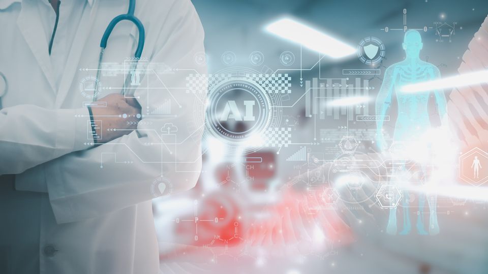 Doctor with digital interface showing AI-powered pharmacovigilance platform and human health data.