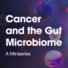 Illustration of the human gut microbiome, featuring colorful bacteria and cells, with the text "Cancer and the Gut Microbiome A Miniseries". 