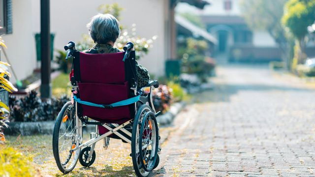 An old woman sits in a wheelchair, facing away to illustrate Alzheimer's disease.