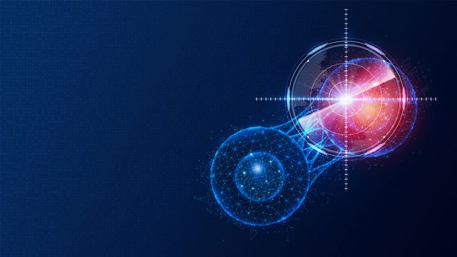 Digital illustration of cancer cells targeted by precision technology on a dark blue background. 