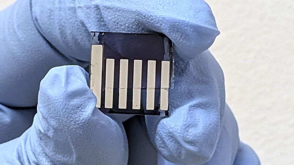 A person wearing blue laboratory gloves holding a small, clear, square chip. On it are six small metal bars.