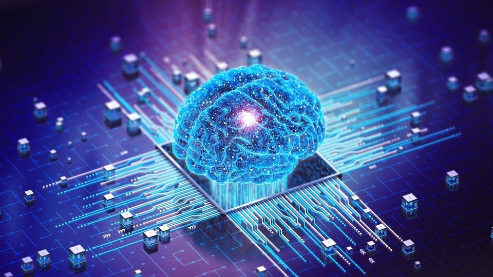 Digital brain model glowing atop a computer chip, symbolizing artificial intelligence integration.