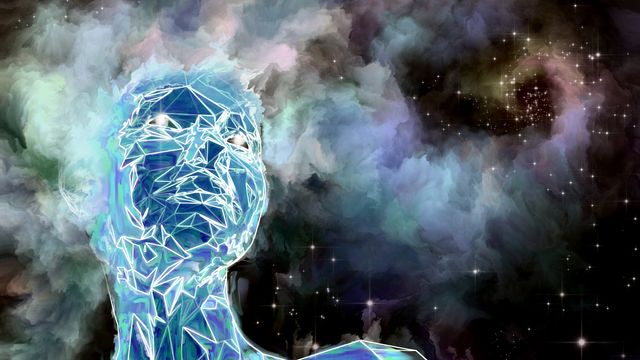Abstract digital artwork of a geometric human figure dissolving into a cosmic cloud, symbolizing a psilocybin-induced altered state.