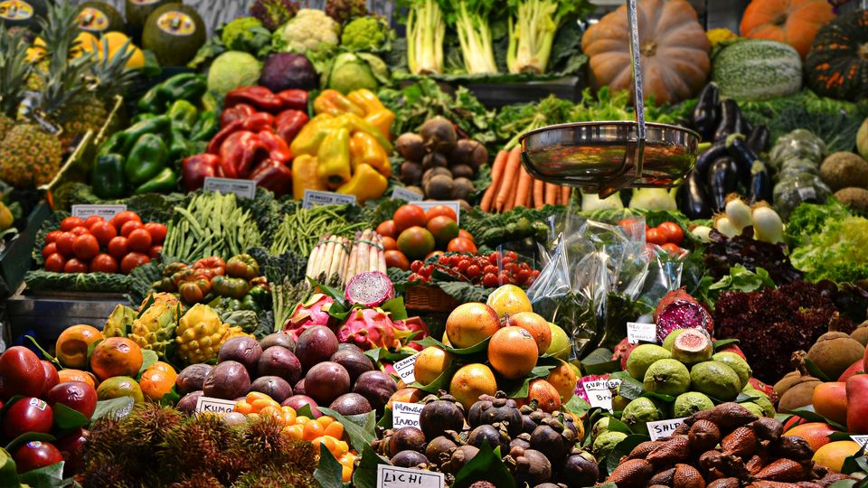 A stall full of fruit and veg.