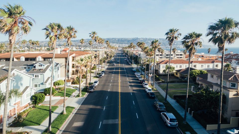 A wide street in California, tall palm trees lining it.
