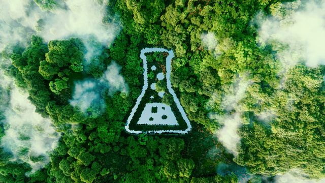 A digital illustration showing an aerial view of  aforest, with the clear outline of a white conical flask at its center. 
