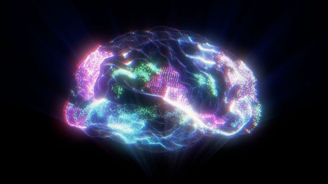 Illustration of brain with certain areas illuminating colors, indicating psyschedelics.