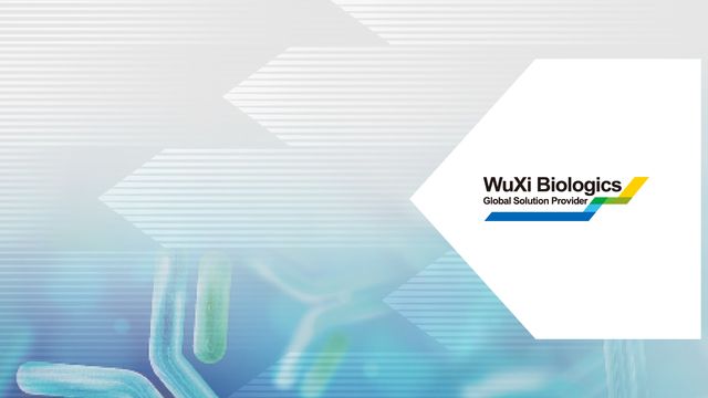 WuXi Biologics logo over a scientific background representing bispecific antibody research. 