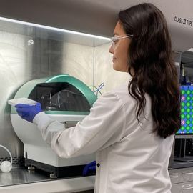 Scientist working with lab equipment and microplate for CHO cell line development in biopharmaceutical research. 