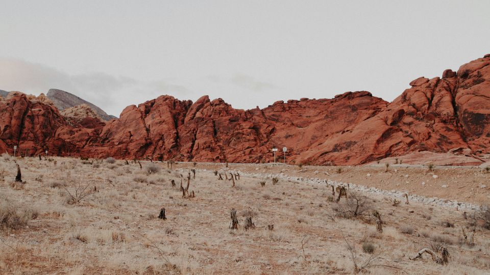 A red rock formation in a desert. Dry grass and a worn path visible.