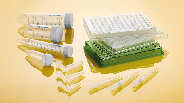 Eppendorf Safe-Lock Tubes BioBased with pipette tips and microplates on a yellow background.