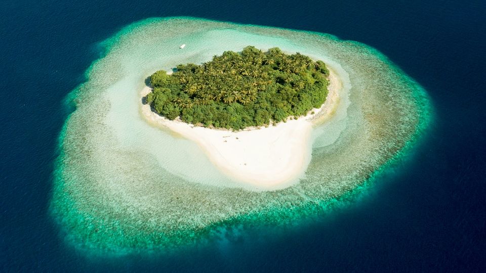 A small tropical island, few trees, sand and blue sea, seen from above.