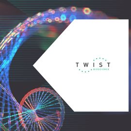 Colorful DNA helix illustration with Twist Bioscience logo, symbolizing machine learning in genomics. 