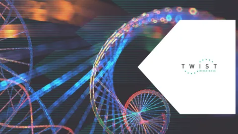 Colorful DNA helix illustration with Twist Bioscience logo, symbolizing machine learning in genomics.