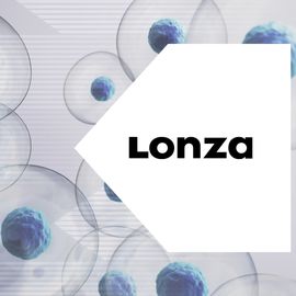 Microscopic view of blue cell co-cultures with Lonza logo overlay. 