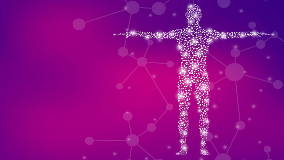 Outline of human made from white molecules on pink/purple gradient background.