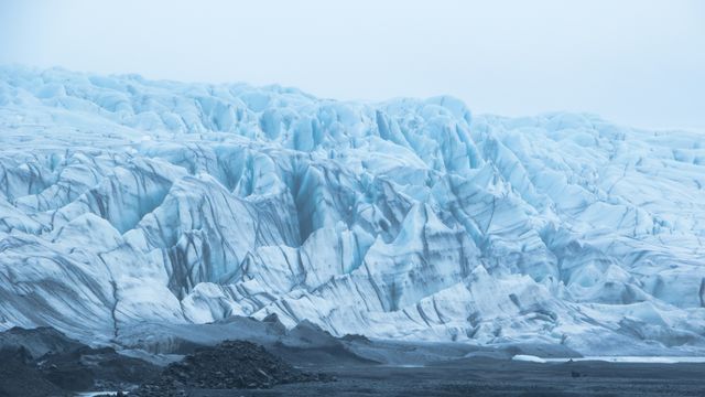 A glacier, blue and white, stretching along an ashen beach, like a wall of ice. 